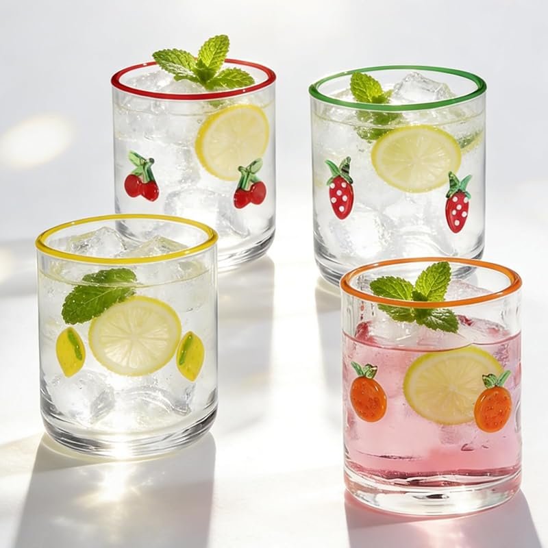 Whaline 4Pcs Fruit Icon 14oz Wine Glasses with Straws for Home Parties