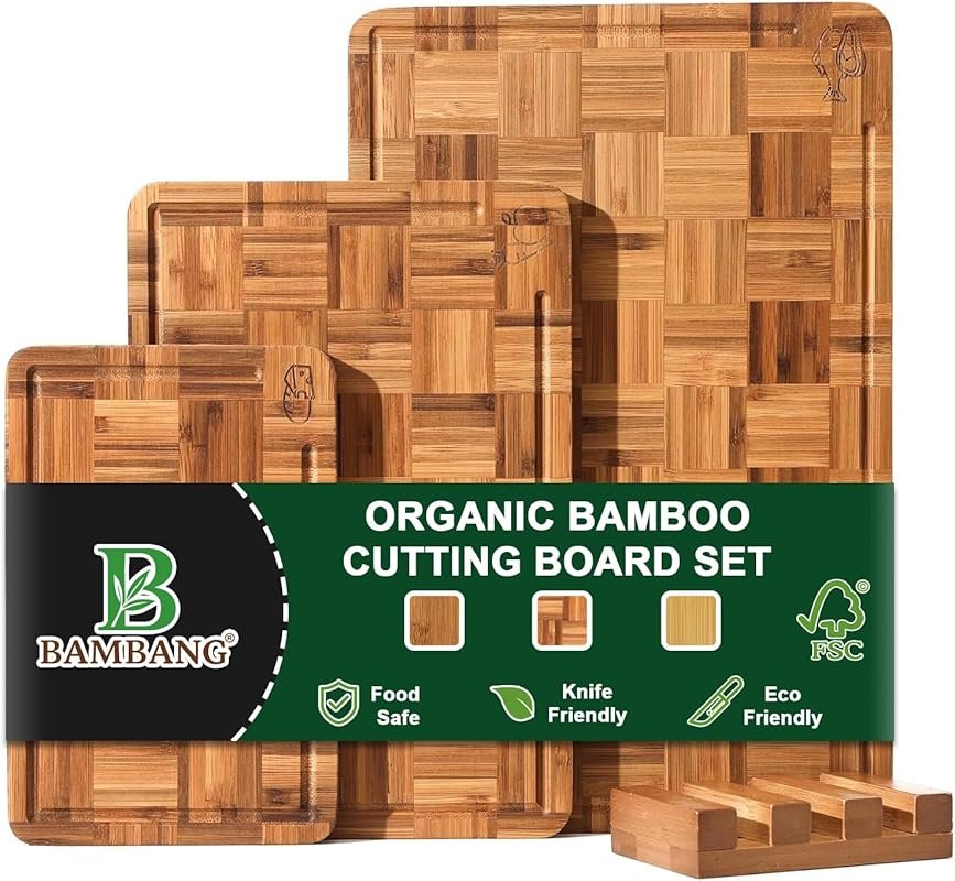 Bamboo Cutting Board Set of 3 with Juice Groove and Stand, End-Grain B
