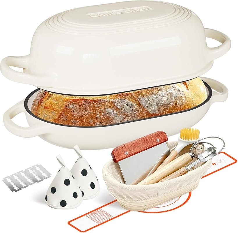 Enameled Cast Iron Dutch Oven with Proofing Basket – 5QT Loaf Pan for 