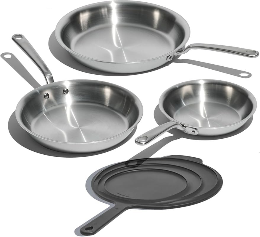 3-Piece Stainless Clad Frying Pan Set with Universal Silicone Lid, Ind