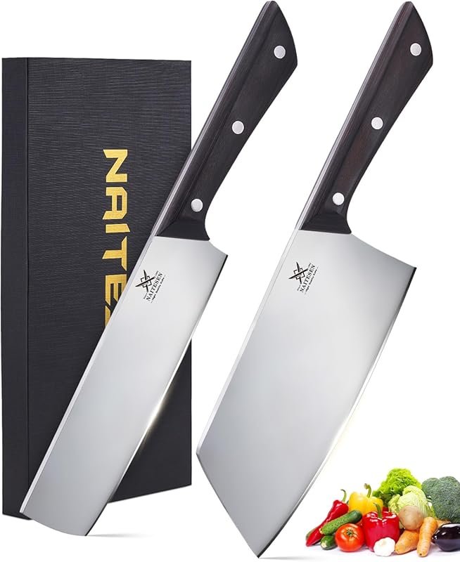 Naitesen 2PCS Cleaver Knife Set with Razor Sharp Nakiri Knife for Meat