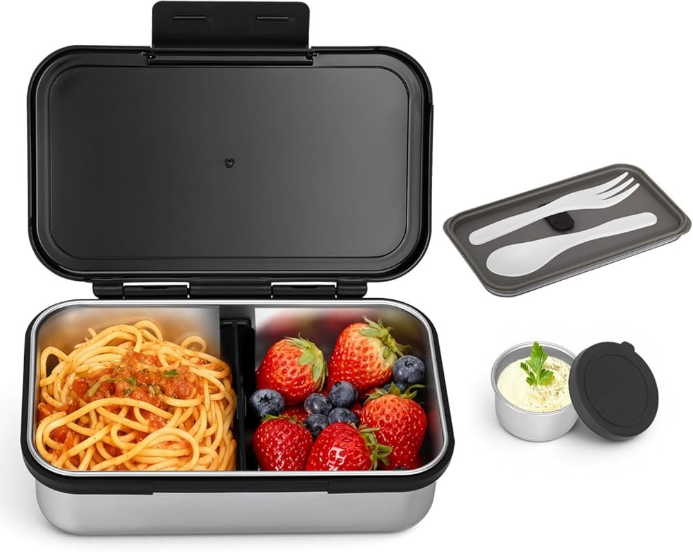Stainless Steel Lunch Box, Leak-Proof Metal Bento Box with Adjustable 