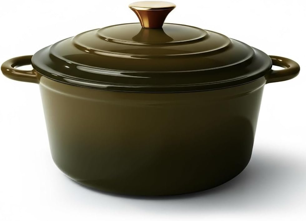 Vintage Style Enameled Cast Iron Dutch Oven – 6 Quart, Golden Green, 5