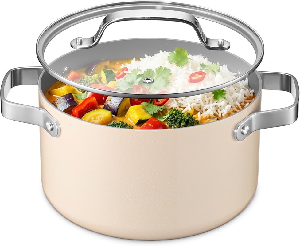 Bakken 5 Quart Ceramic Coated Stock Pot with Glass Lid, PTFE & PFAS Fr
