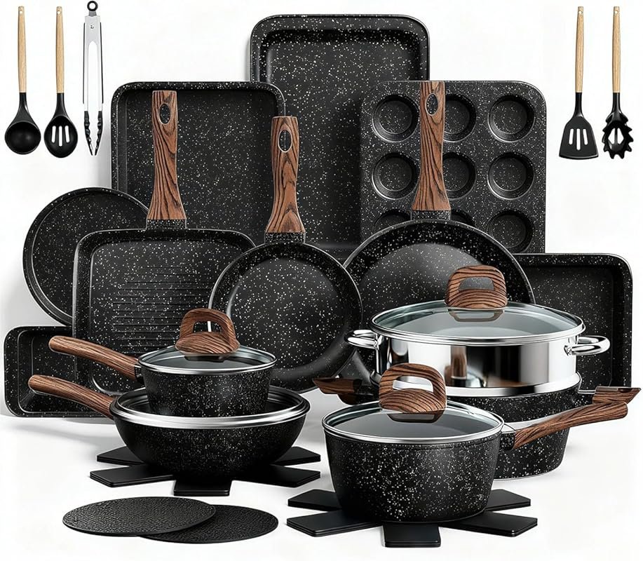31-Piece Nonstick Induction Cookware & Bakeware Set with Frying Pans, 