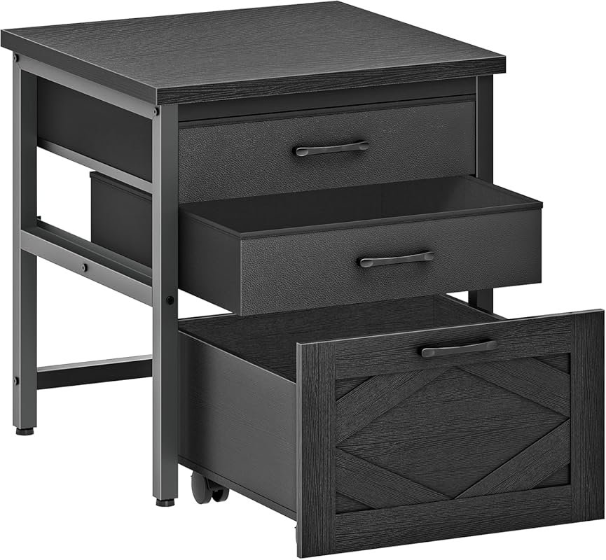 HOOBRO Mini Fridge Stand with Storage, 3-Tier Cabinet with Wheels & Ad