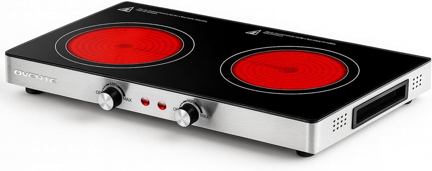 OVENTE Infrared Ceramic Double Burner, 1800W Portable Stainless Steel 
