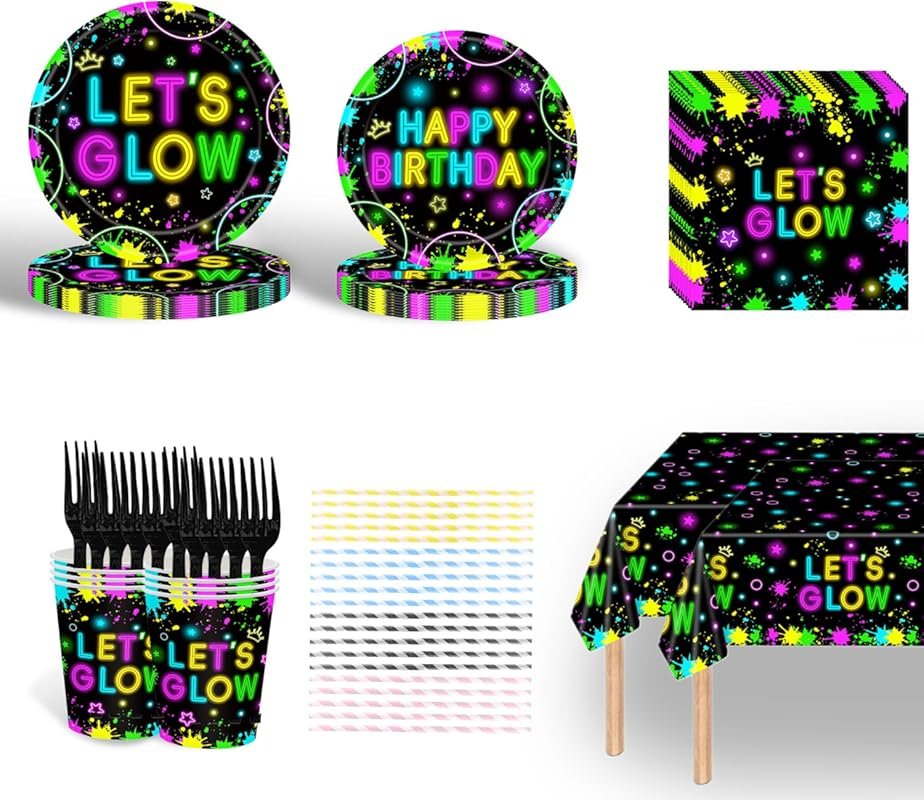 Neon Party Supplies Set Serves 24, 146Pcs Let Glow Decorations Includi
