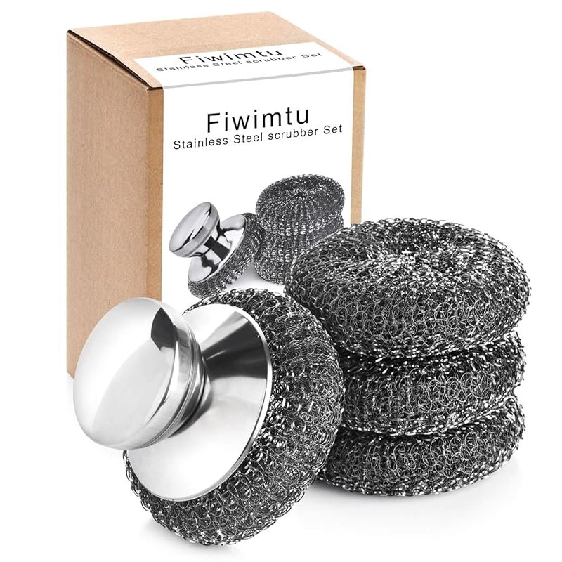 4PCS Steel Wool Scrubber Set with 3 Pads for Cast Iron, Pots, Grills &