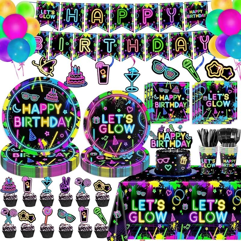 184Pcs Neon Party Decorations Serves 24 with Plates, Napkins, Cups, Ba