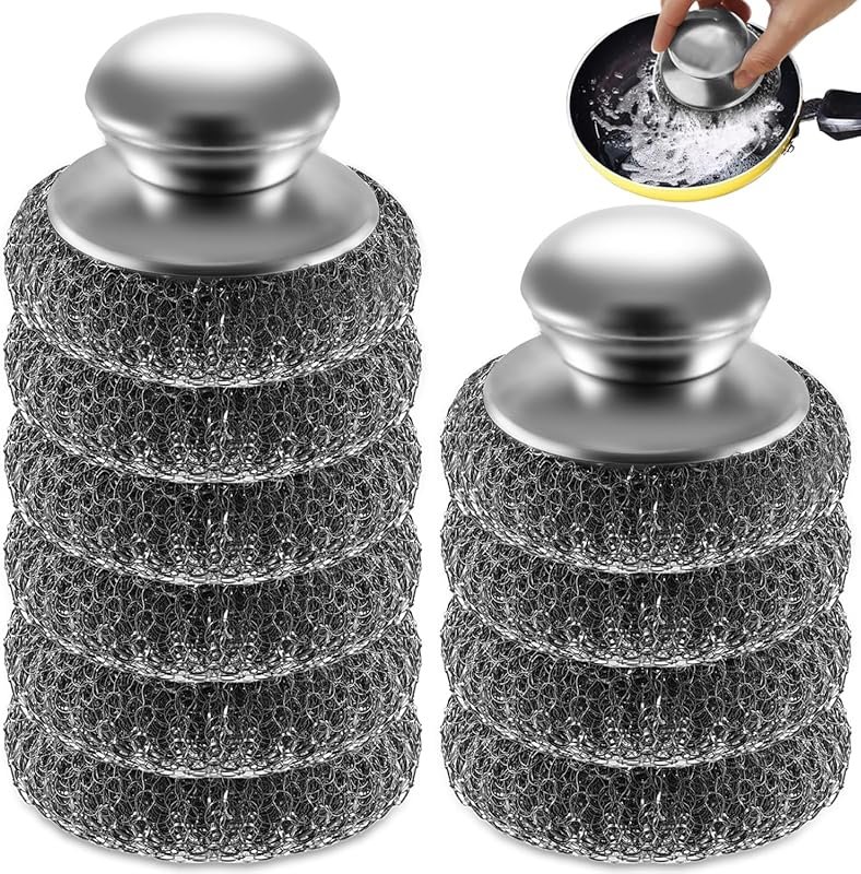 10Pcs Steel Wool Scrubbers with 2 Handles for Kitchen, Pots, Pans, Gri