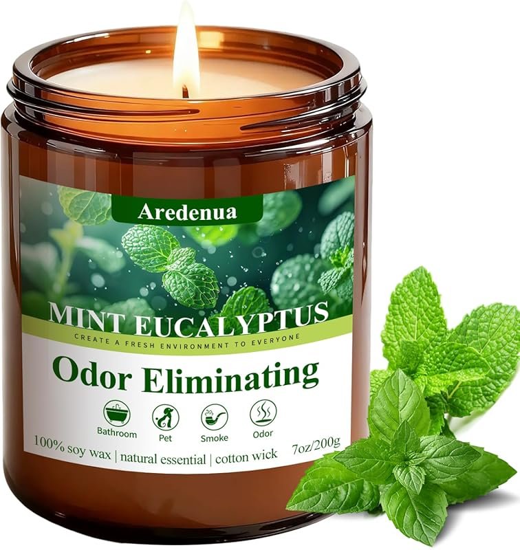 Mint Eucalyptus Odor Eliminating Candle, 7oz Non-Toxic Soy, Removes Pe