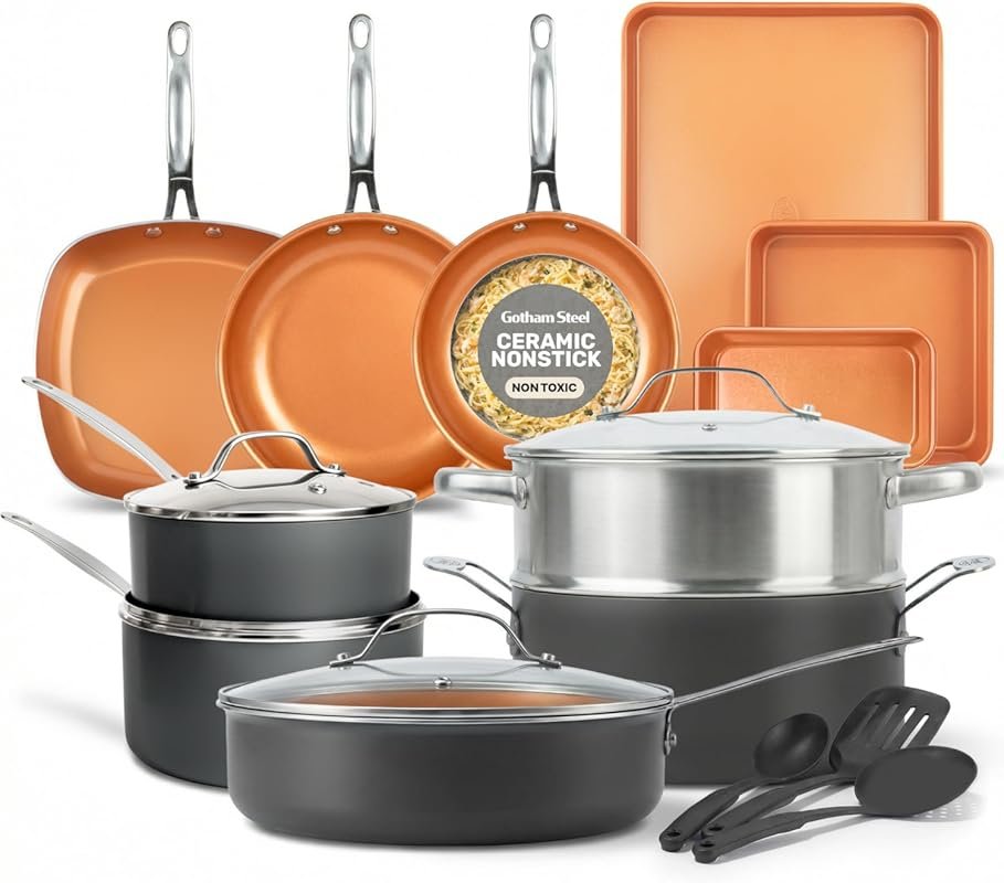 Gotham Steel 20PC Ceramic Copper Nonstick Cookware Set with Bakeware &