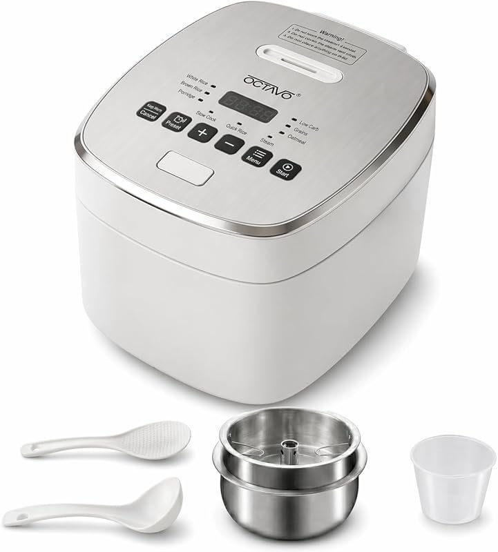 OCTAVO Low‑Carb 5‑Cup Stainless Steel Rice Cooker, 24‑Hour Timer, Auto
