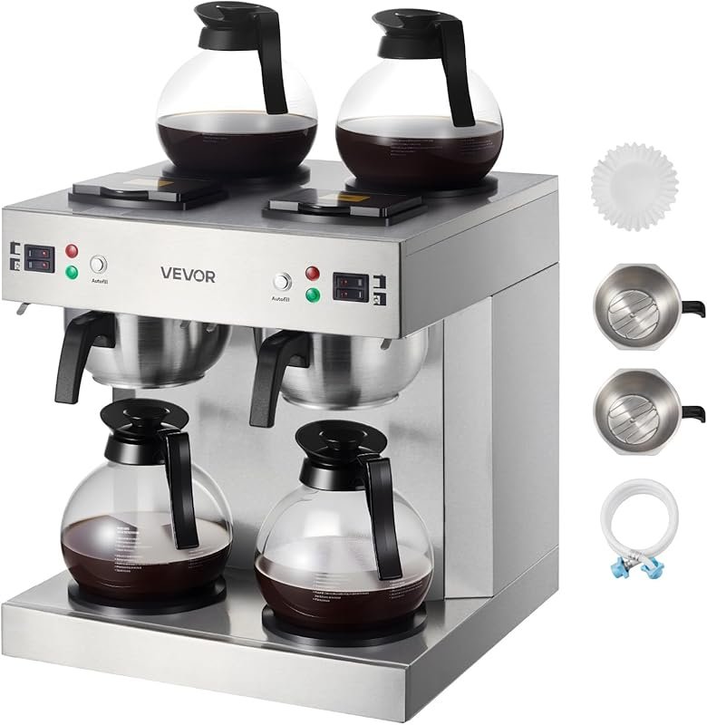 VEVOR Commercial Dual-Head Coffee Maker, 24 Cups, 4 Carafes & Warmer P