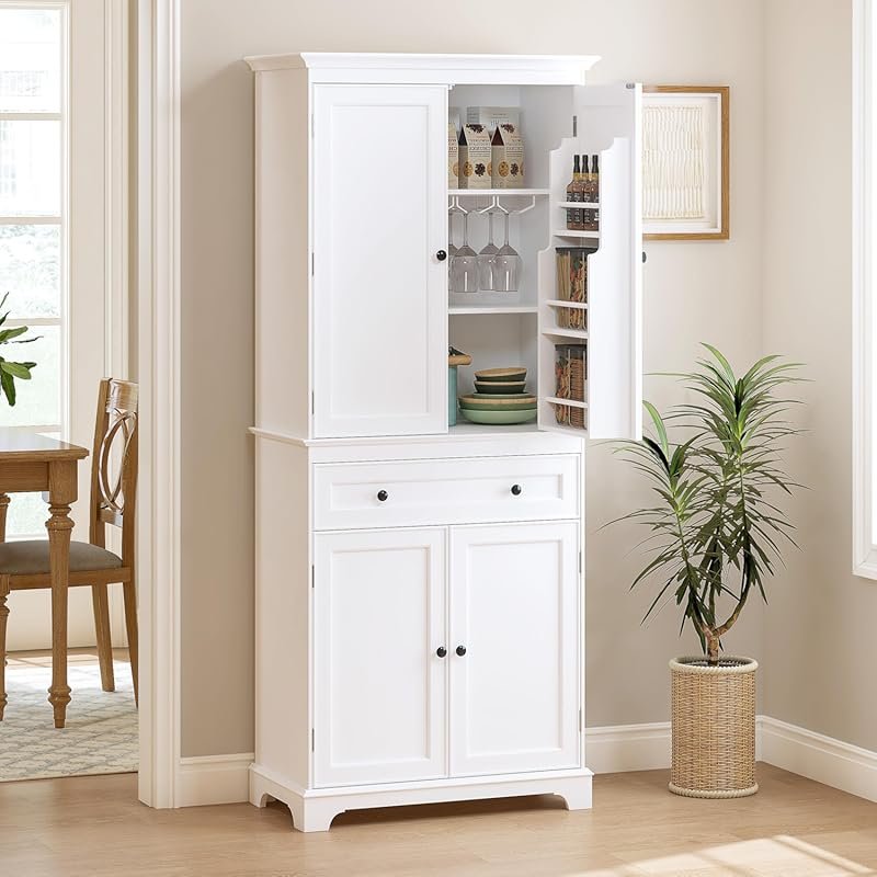 Spirich 71‑Inch Kitchen Pantry Cabinet with Drawers, Wine Glass Rack, 