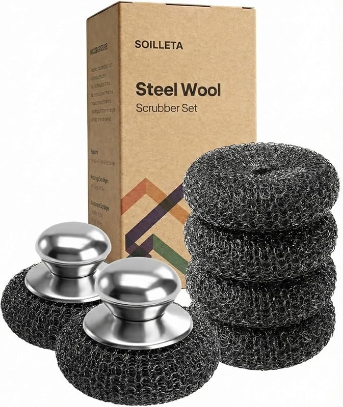 Heavy Duty 8 Pcs Steel Wool Scrubbers with Handle for Cast Iron, Grill