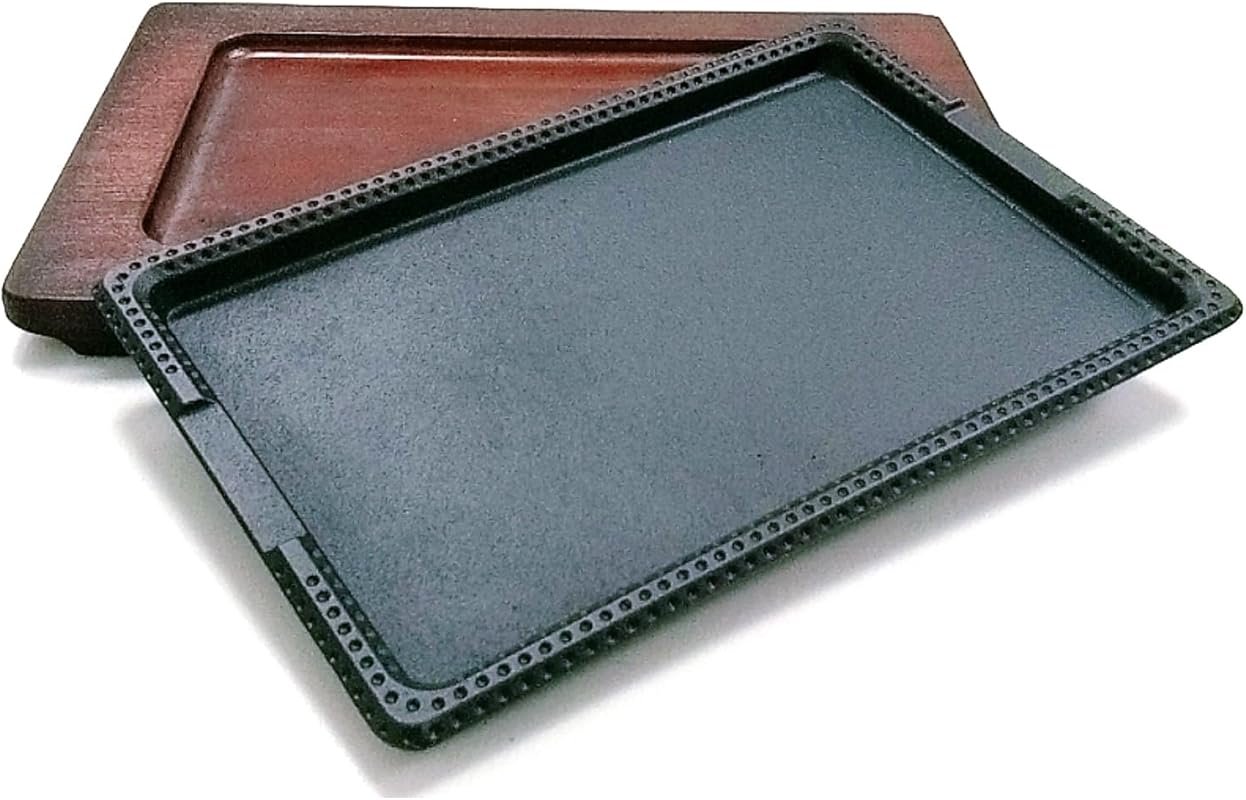10.5 x 7 Inch Cast Iron Griddle Pan with Wooden Base for Steak Cooking