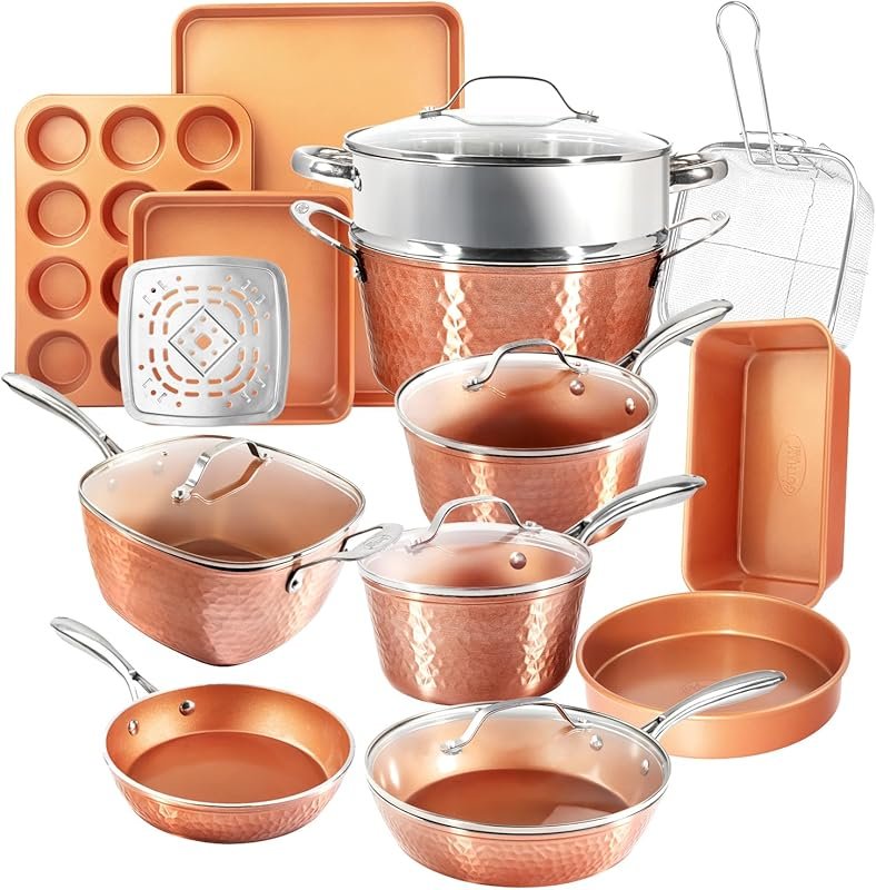 Gotham Steel Hammered 24 Pc Ceramic Cookware Set, Induction Ready Nons