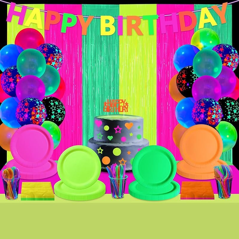 223Pcs Glow in the Dark Party Supplies Serves 20 with Plates, Napkins,