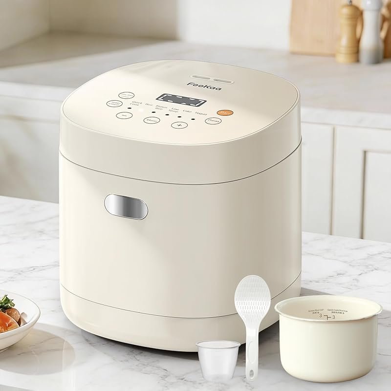 Feekaa Small 3‑Cup Rice Cooker, Compact Ceramic‑Coated Inner Pot, 6 Me