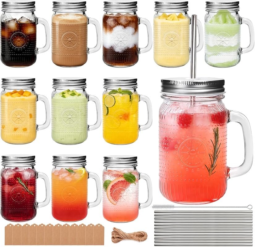 Encheng 16 oz Mason Jar Cups with Handle – Vintage Reusable Glass Drin