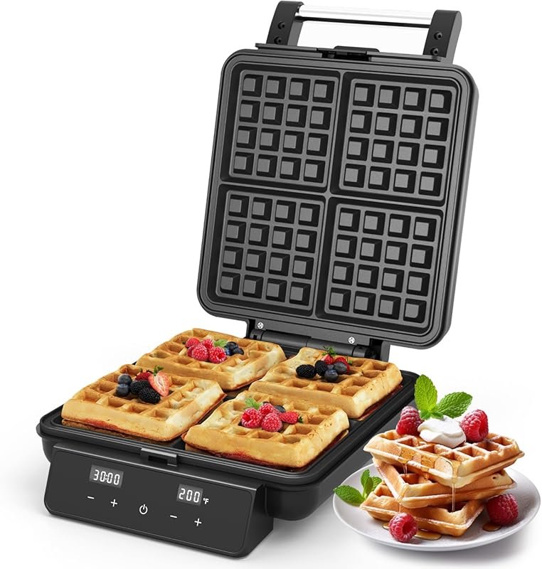 1200W Belgian Waffle Maker – 4‑Slice Iron with Nonstick Plates, Time &