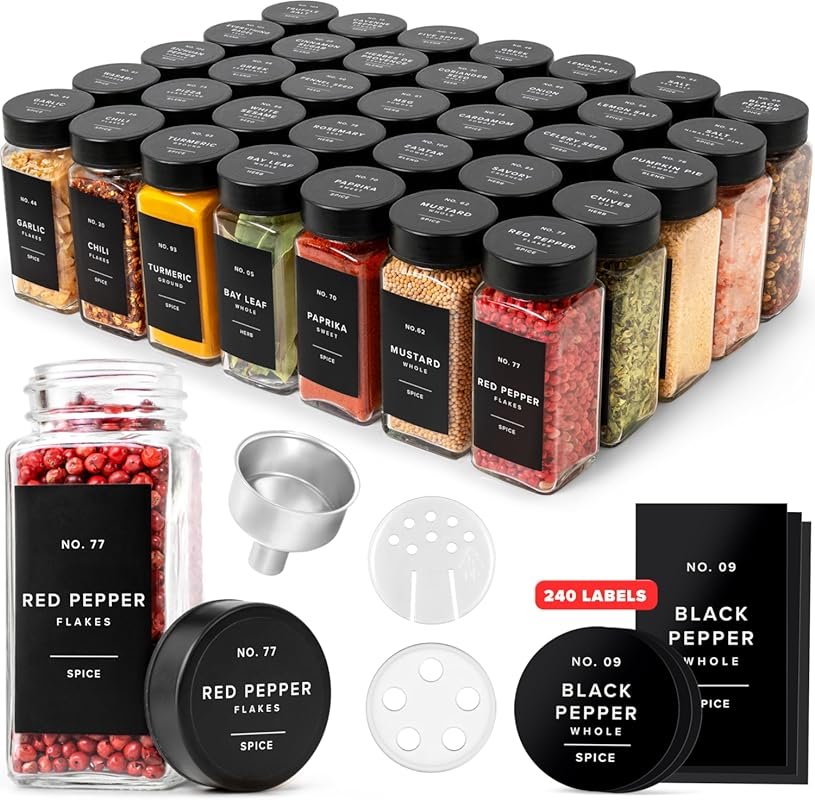 EDELHAUS Glass Spice Jars with Label and Black Lids (36 x 4oz), Includ
