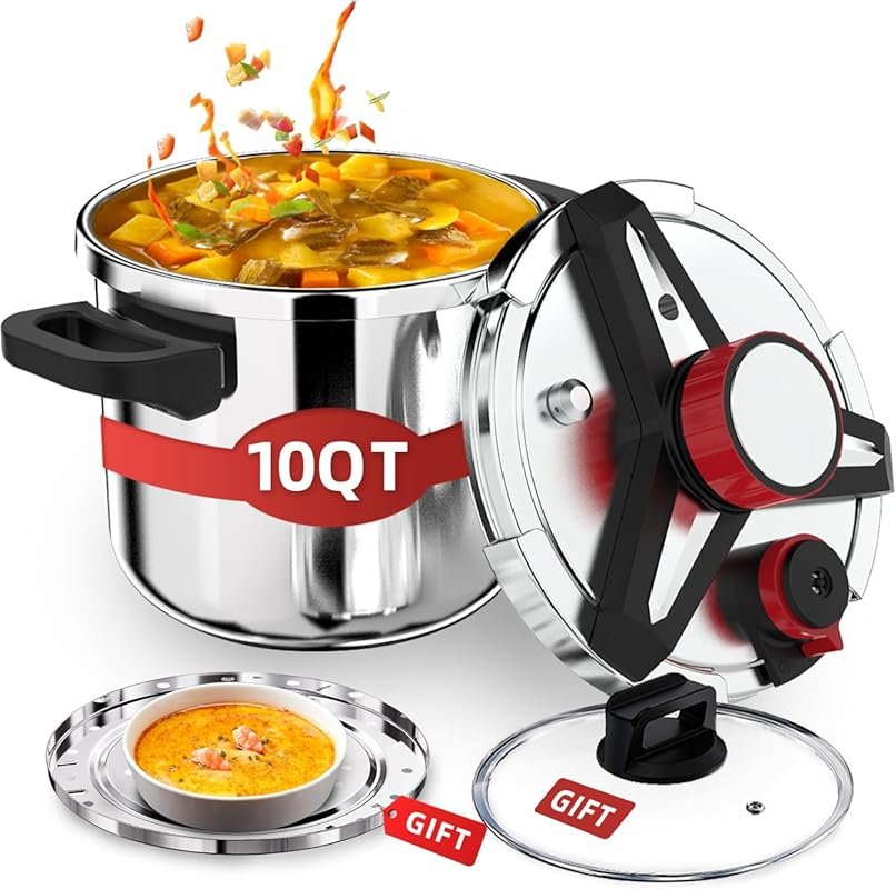 3-In-1 304 Stainless Steel Pressure Cooker 10 Quart: 3 PSI Settings, O