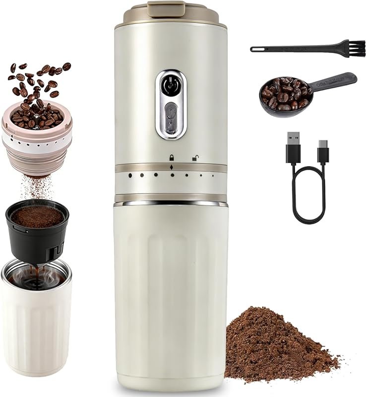 Portable Coffee Maker with Grinder & Battery Powered for Travel & Camp