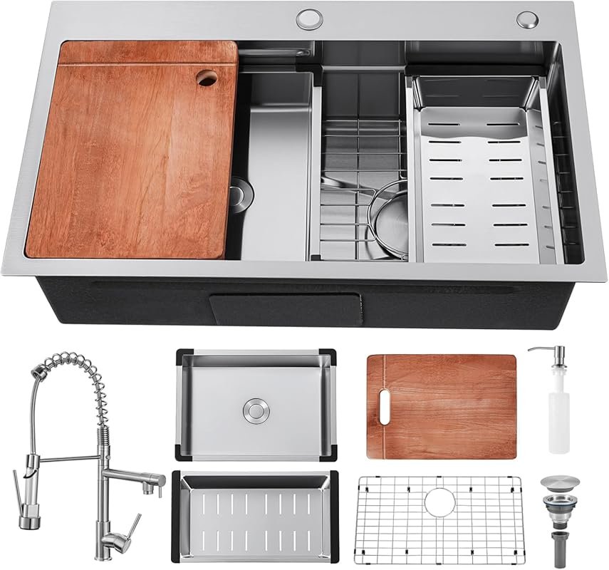 30 Inch Drop In Kitchen Sink with Faucet, Modern Stainless Steel Singl