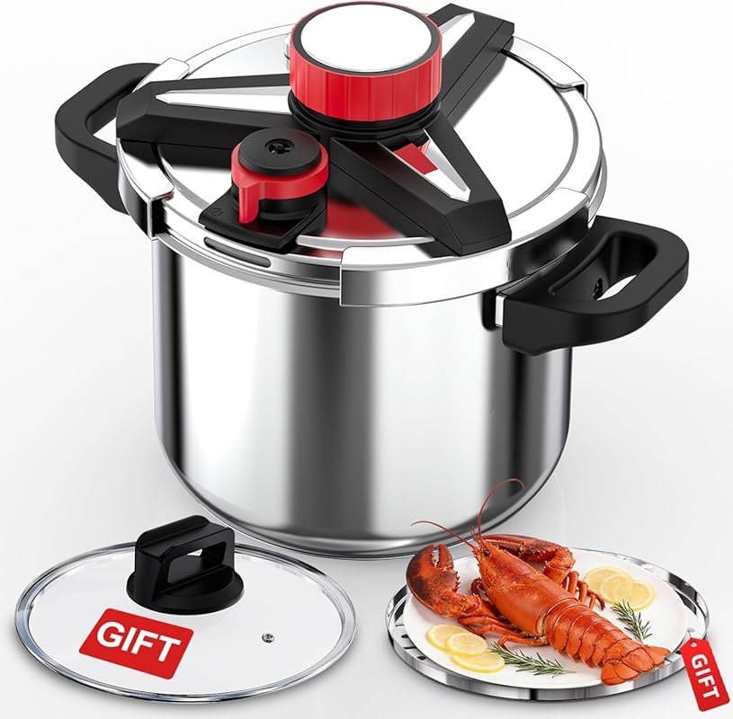 18/8 Stainless Steel Pressure Cooker 10 Quart, One-Hand Locking, 3-in-