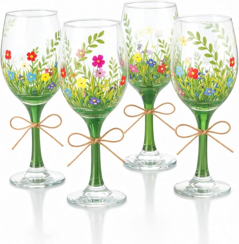 Yungyan Floral Spring Wine Glasses – 15 oz Hand Painted Wildflowers – 