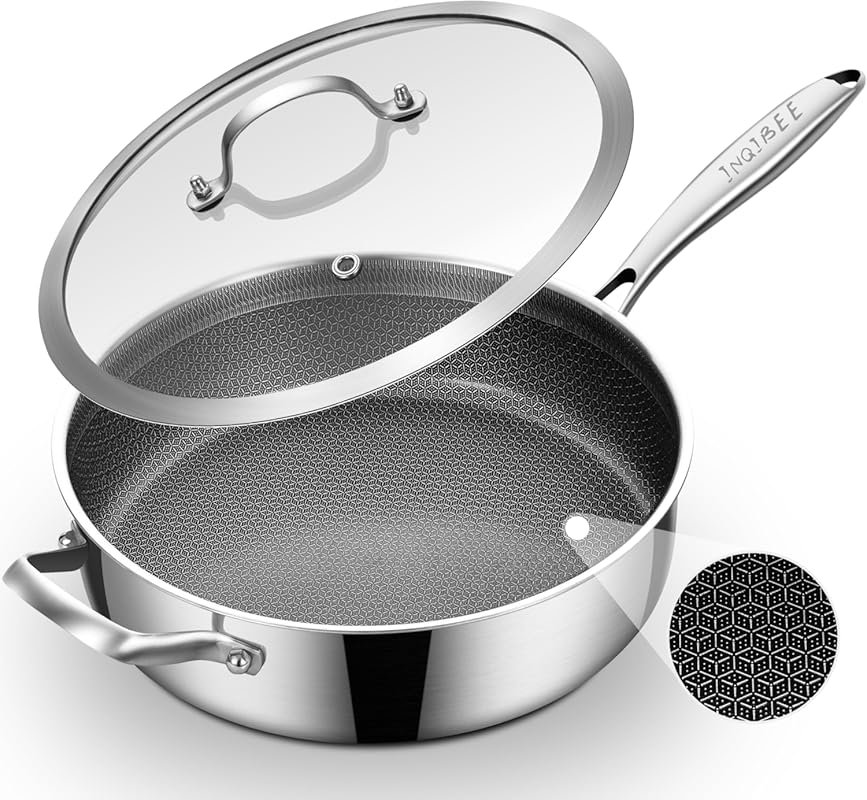 Inqibee 5 QT Hybrid Nonstick Saute Pan with Lid, Tri-Ply Stainless Ste