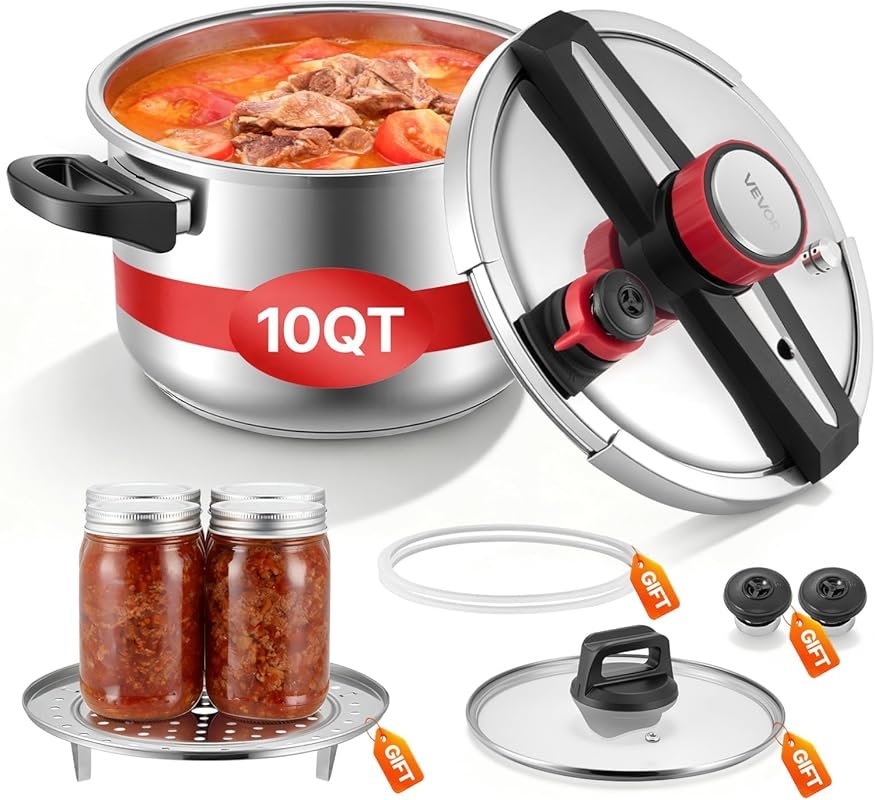 VEVOR 10Qt Stainless Steel Pressure Cooker with Steaming Rack, Tempere