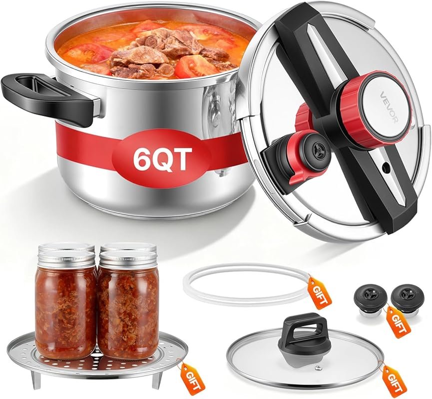 VEVOR 6.3‑Quart Stainless Steel Pressure Cooker with Tempered Glass Li