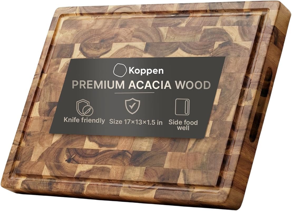 Acacia Wood End Grain Cutting Board with Juice Groove and Handles, Rev