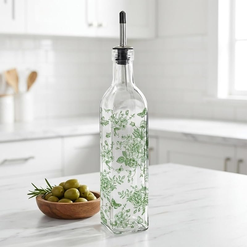 JarThenaAMCS Chinoiserie Green Floral Glass Olive Oil Dispenser with S