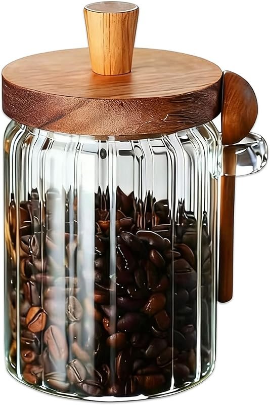 Glass Airtight Storage Jar with Wooden Lid & Spoon, Ideal for Coffee, 