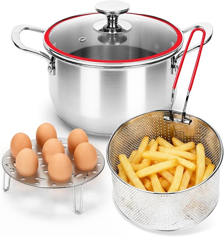 Multi-Function 4.2QT Deep Fryer Pot with Strainer Basket, Lid & Egg St