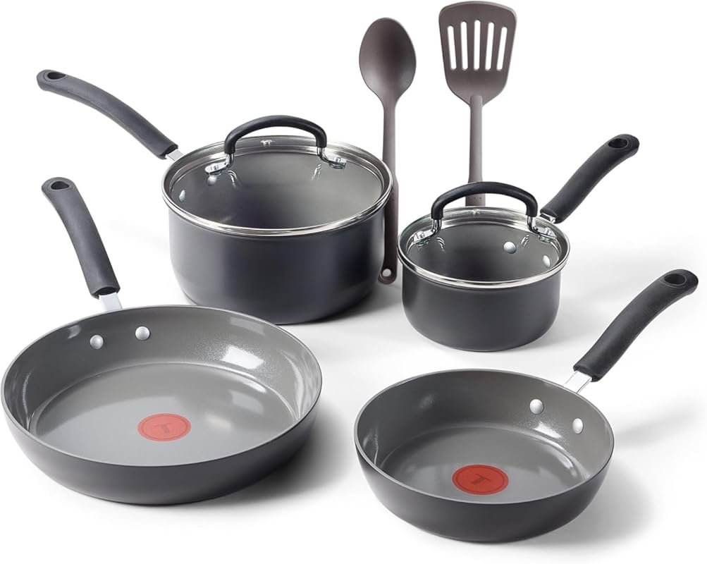 T-Fal Ceramic Nonstick 8-Piece Cookware Set – Oven Safe to 400°F, Incl