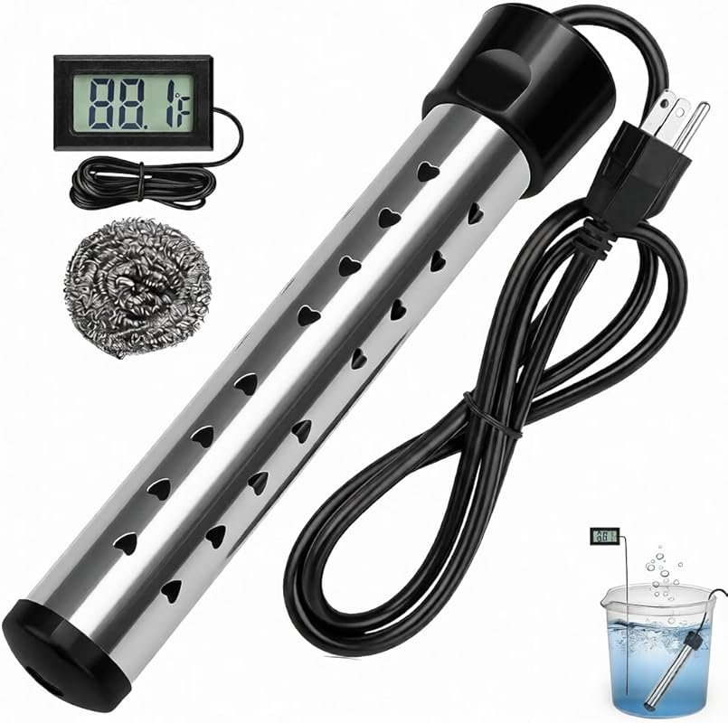 1500W Immersion Water Heater, LCD Thermometer & 304 Stainless Steel Gu