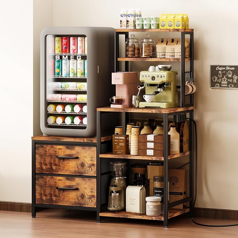 Homeiju Mini Fridge Stand with Coffee Bar Cabinet, 5 Shelves, 2 Drawer