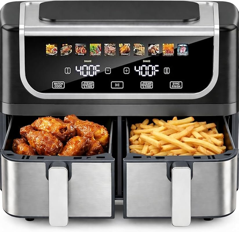 Simple Deluxe 9.5-Qt Dual Basket Air Fryer with Sync Cook & Independen
