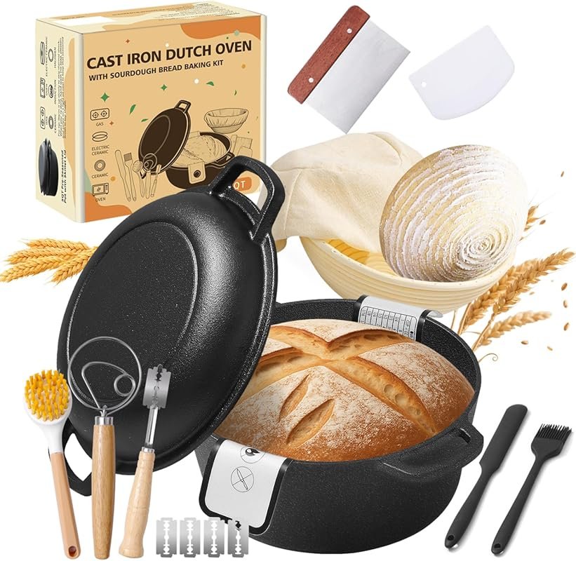 Pre-Seasoned Cast Iron Dutch Oven with Proofing Basket & Dual Handles 