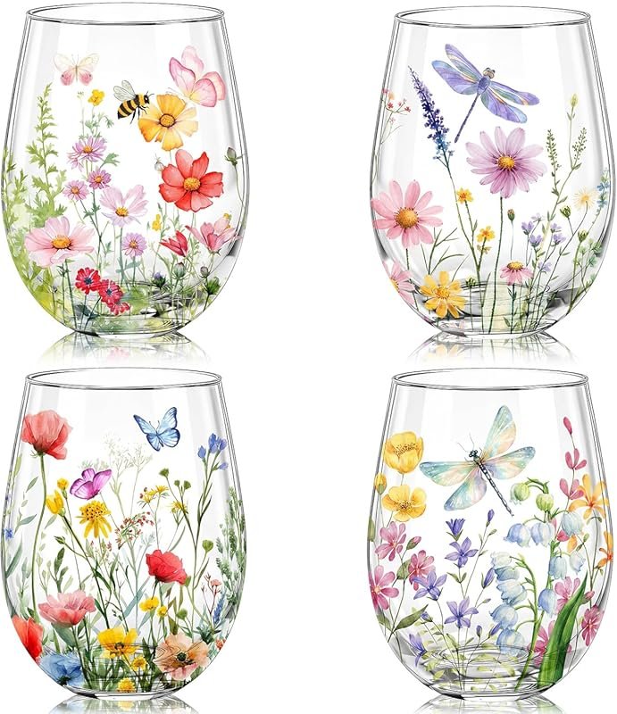 Spring Wildflower Stemless Wine Tumblers – 17 oz Hand Painted Butterfl