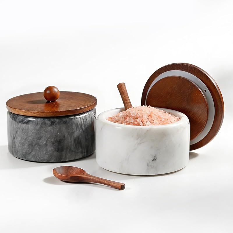 MINCORD Marble Salt & Pepper Bowls with Lids & Spoons – Natural Stone 