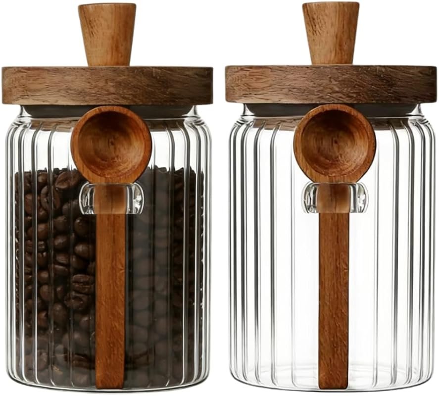 ANSQU 20.3oz Glass Jar with Wooden Lid & Spoon, Coffee Canister for Gr