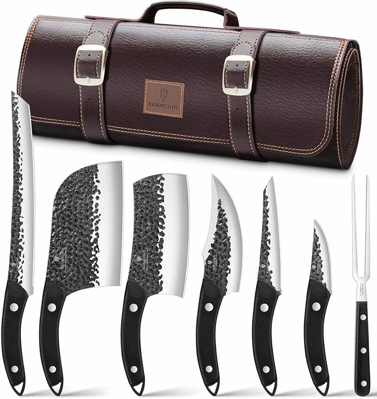 Hand Forged Japanese Butcher Knife Set 8 PCS with Leather Roll Bag, Sh