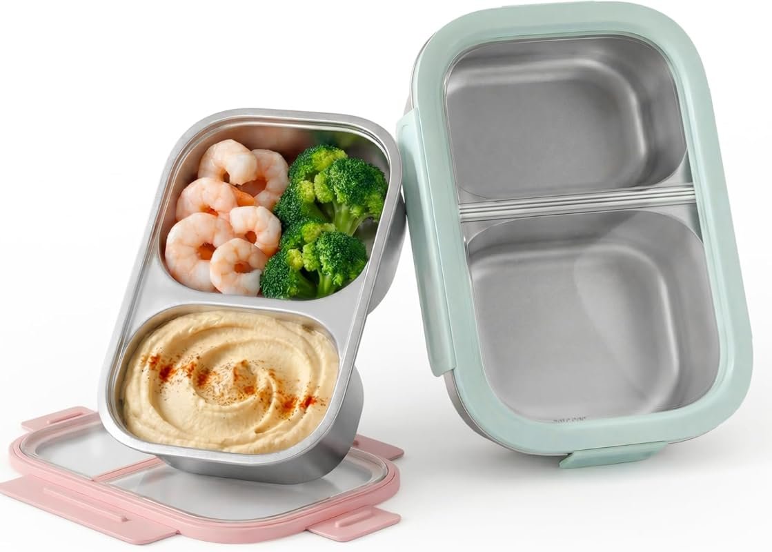 2 Pack 316 Stainless Steel Bento Box, 2-Compartment Microwave-Safe Met